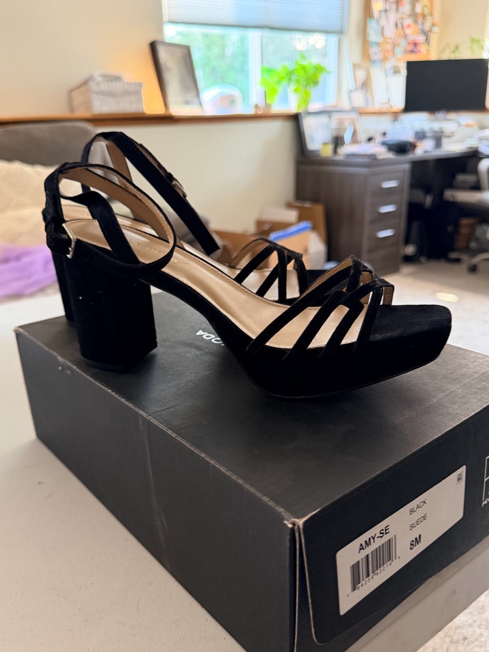 Black Suede Strappy Block Heel Sandals - Women